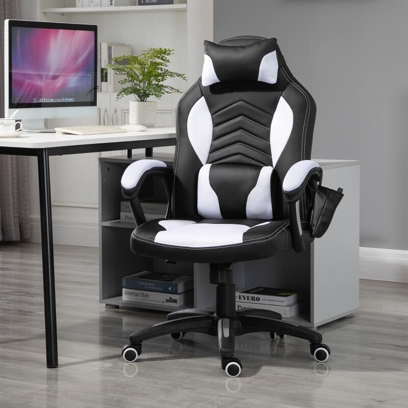 Bürostuhl Gaming Stuhl mit Massage- und Wärmefunktion schwarz-weiss