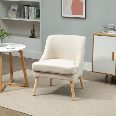 Sessel in Leinenoptik, skandinavischer Loungesessel mit Armlehnen, Cremeweiss – Gummiholzbeine, 63L x 69B x 79,5H cm, 150 kg