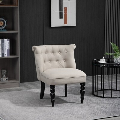 Relaxsessel Vintage, Leinenbezug, Kautschukholz, Beige+Schwarz – 67L x 67B x 78H cm, 150 kg