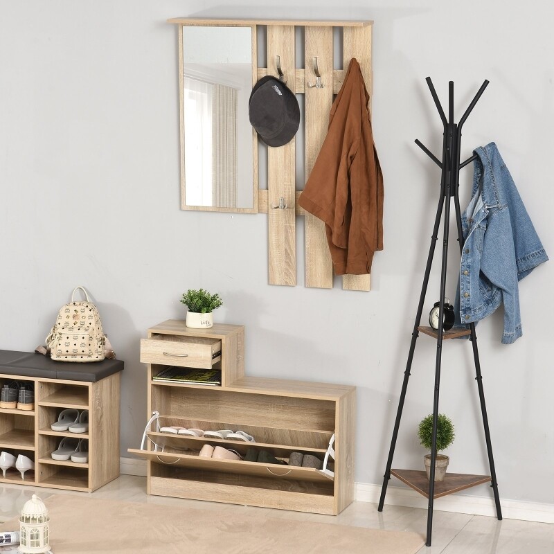 HOMCOM® 3-in-1 Garderobenset Flurgaderobe mit Schuhschrank Garderobe Wandspiegel