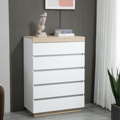 Kommode mit 5 Schubladen, Weiss+Eiche