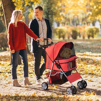 Hundewagen Hundebuggy Pet Stroller klappbar – Becherhalter, Sonnendach, Rot