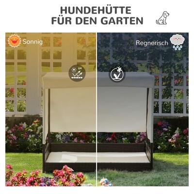 Rattan Hundehaus für den Garten mit Kissen Hundebett mit Dach
