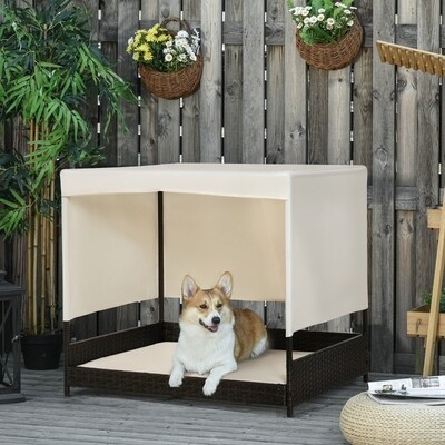 Rattan Hundehaus für den Garten mit Kissen Hundebett mit Dach