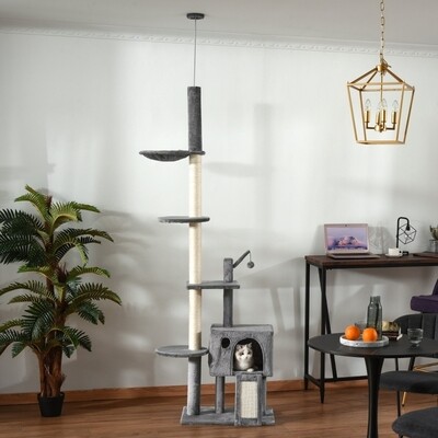 Kratzbaum deckenhoch mit 5 Ebenen Grau Natur 60 cm x 40 cm x 280 cm