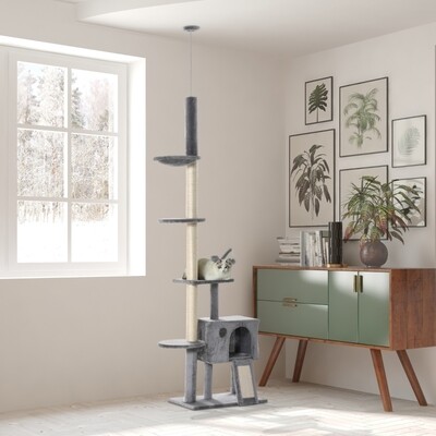 Kratzbaum deckenhoch mit 5 Ebenen Grau Natur 60 cm x 40 cm x 280 cm