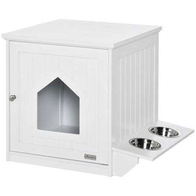 Katzenschrank für Katzentoilette inkl. 2 Futternäpfen Weiss