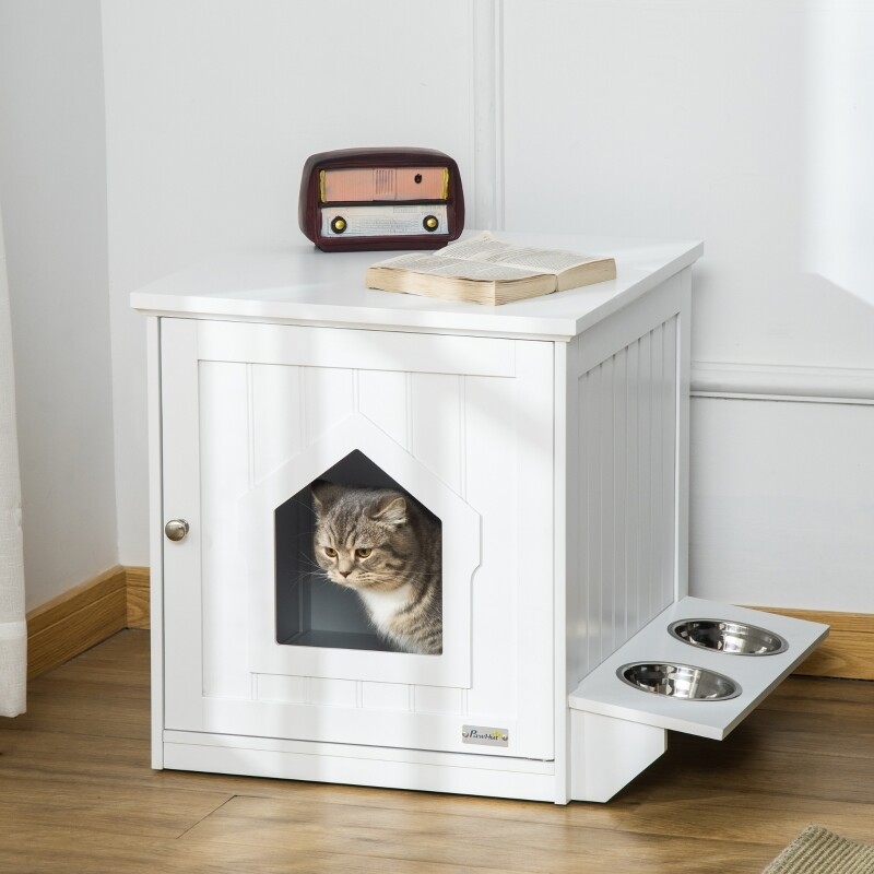 Katzenschrank für Katzentoilette inkl. 2 Futternäpfen Weiss
