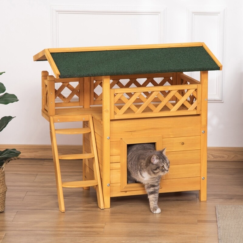 Katzenhaus Kleintierhaus für Katzen mit Terrasse und Treppe natur