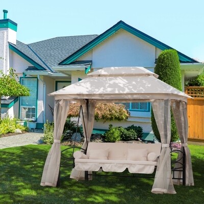 3 Sitzer Luxus-Hollywoodschaukel mit Pavillon & Liegefunktion Beige