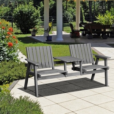 Gartenbank mit Tisch, Sitzgruppe mit Regenschirmloch, Sitzbank, Massivholz, Grau,