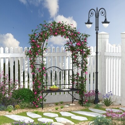 Rosenbogen mit Bank, Philosophenbank, Rankgitter, Gartenbank Metall Schwarz 115 x 59 x 203 cm