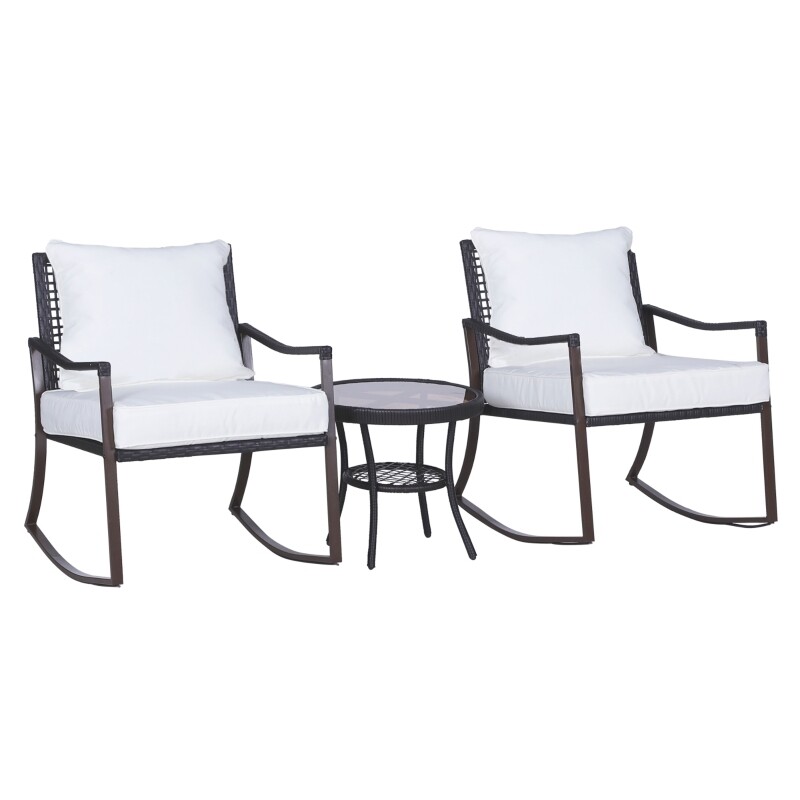 Gartenmöbel-Set für 2 Personen, 2 Schaukelstühle, 1 Tisch, inkl. Polster, Braun + Weiss