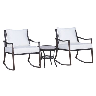 Gartenmöbel-Set für 2 Personen, 2 Schaukelstühle, 1 Tisch, inkl. Polster, Braun + Weiss