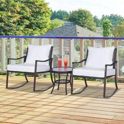 Gartenmöbel-Set für 2 Personen, 2 Schaukelstühle, 1 Tisch, inkl. Polster, Braun + Weiss