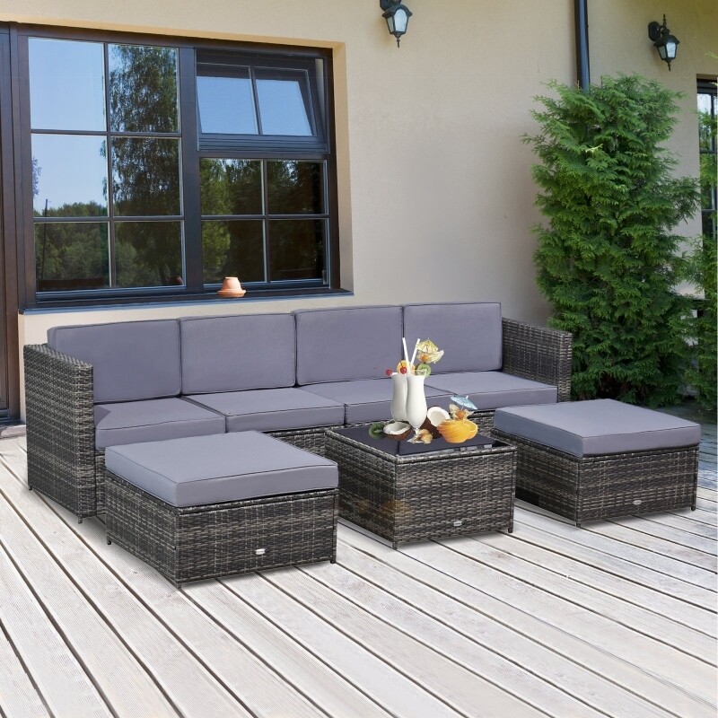 7-tlg. Wicker Polyrattan Loungeset inkl. Tisch und Fusshocker grau