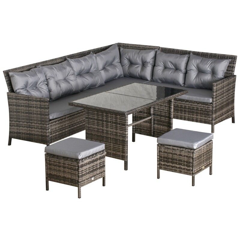 Gartenmöbel-Set aus PE-Rattan, für 5 Personen, Rattan-Lounge-Set, abnehmbare Polster, Grau + Braun