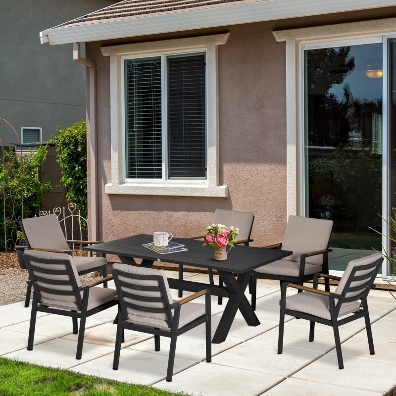 Gartengarnitur aus 6 Stühlen und 1 Tisch, Aluminium+Kunststoff, Grau