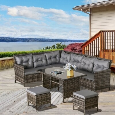 Gartenmöbel-Set aus PE-Rattan, für 7 Personen, Rattan-Lounge-Set, abnehmbare Polster, Grau + Braun