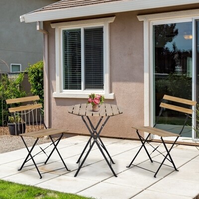 3-teiliges Bistro-Set, Klappbar, Massivholz+Stahlrahmen, Naturfarbe