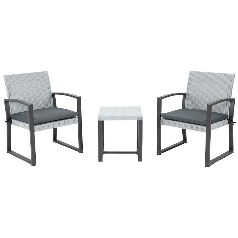 Rattan-Sitzgruppe für 2 Personen Balkonmöbel Set mit Beistelltisch mit Sitzkissen Stahl Schwarz+Grau