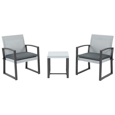 Rattan-Sitzgruppe für 2 Personen Balkonmöbel Set mit Beistelltisch mit Sitzkissen Stahl Schwarz+Grau