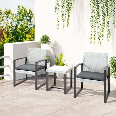 Rattan-Sitzgruppe für 2 Personen Balkonmöbel Set mit Beistelltisch mit Sitzkissen Stahl Schwarz+Grau