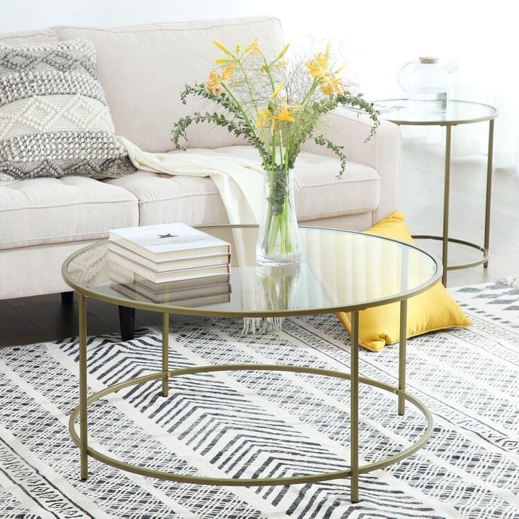 Couchtisch rund, Glastisch mit goldenem Eisen-Gestell, Wohnzimmertisch, Sofatisch, robustes Hartglas, stabil, dekorativ, Gold