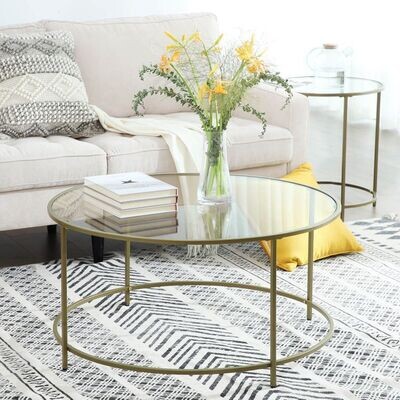 Couchtisch rund, Glastisch mit goldenem Eisen-Gestell, Wohnzimmertisch, Sofatisch, robustes Hartglas, stabil, dekorativ, Gold