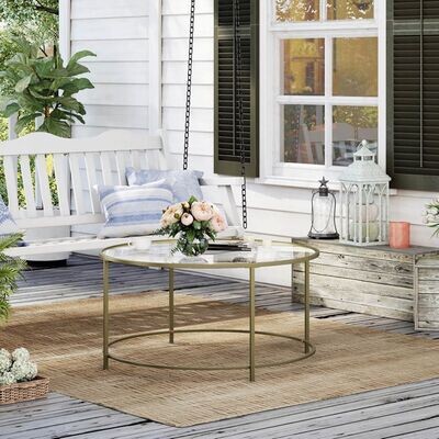 Couchtisch rund, Glastisch mit goldenem Eisen-Gestell, Wohnzimmertisch, Sofatisch, robustes Hartglas, stabil, dekorativ, Gold