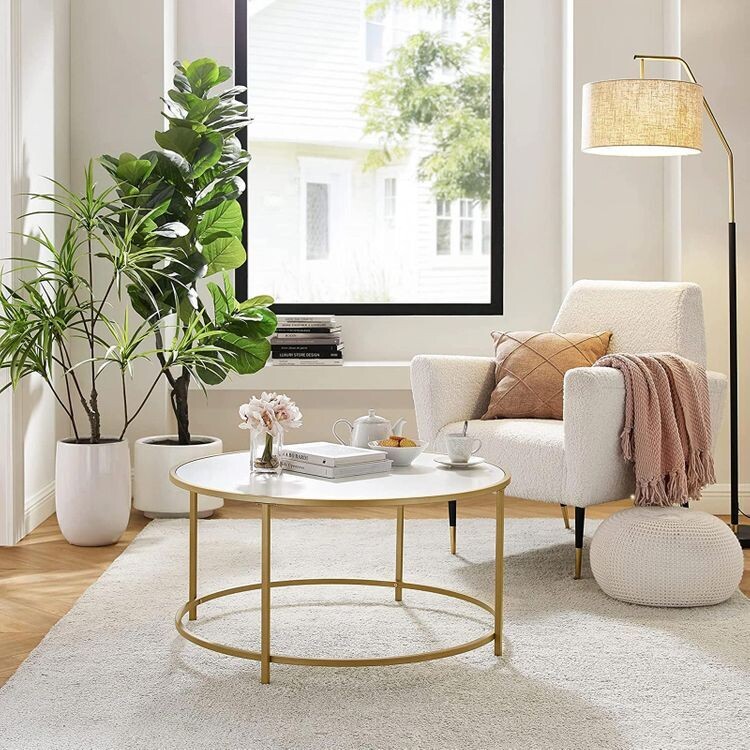 Couchtisch, Wohnzimmertisch, rund, Sofatisch, Kaffeetisch weiss-goldfarben