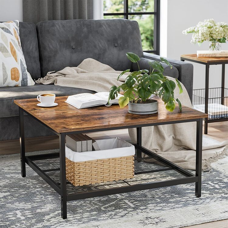 Couchtisch, Kaffeetisch, aus Stahl, mit Gitterablage, quadratisch, Industrie-Design, für Wohnzimmer, vintagebraun-schwarz