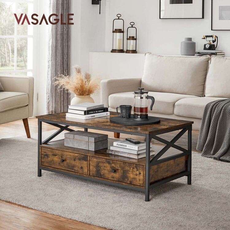 Couchtisch, Wohnzimmertisch, Sofatisch mit Schubladen Industrie-Design, vintagebraun-schwarz