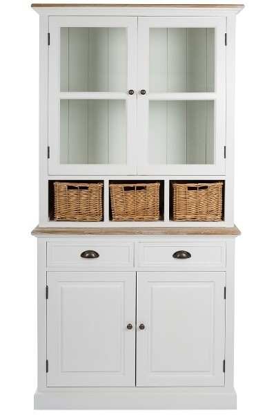 Anrichte "Toscana" – Landhausstil, Antik Weiss/Holz, Rattankörbe, Glastüren