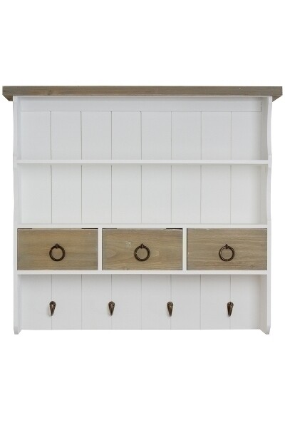 Garderobe Wandablage "Straight" – Landhausstil, Weiss/Holz Antik, 3 Schubladen, Haken