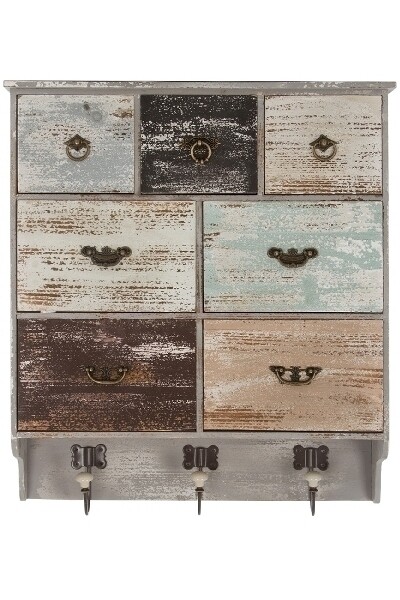 Garderobe Wandregal Ilana – 7 Schubladen, Shabby Chic, multicolor, antikgrauer Korpus