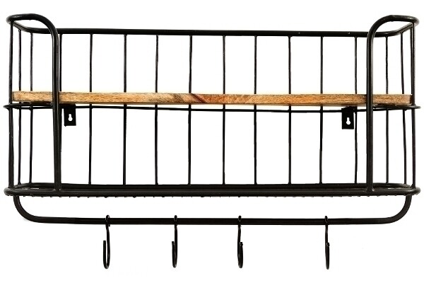 Wandregal &quot;Khandahar&quot; – Holz/Metall, Schwarz, 2 Böden, 5 Haken