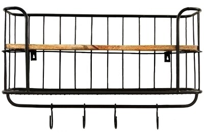 Wandregal &quot;Khandahar&quot; – Holz/Metall, Schwarz, 2 Böden, 5 Haken