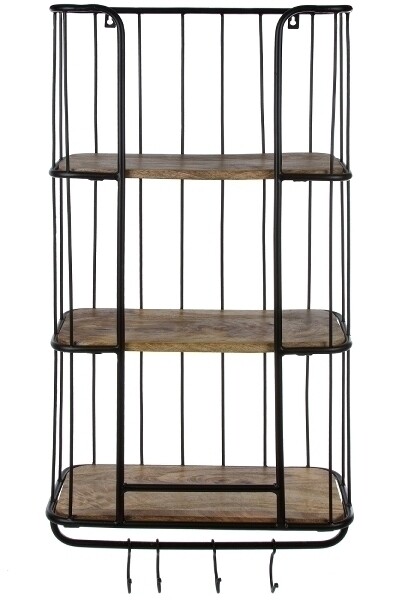 Wandregal "Safiye" – Holz/Metall, Schwarz/Holzfarben, 4 Haken, 3 Böden