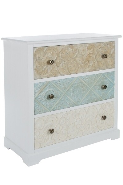 Kommode Sideboard Inez – 3 Schubladen, Shabby Chic, Pastellmuster, Pinus Massoniana