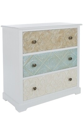 Kommode Sideboard Inez – 3 Schubladen, Shabby Chic, Pastellmuster, Pinus Massoniana