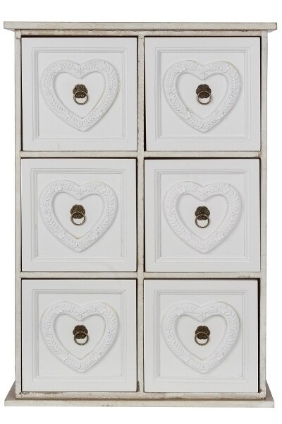 Minikommode "Eno" – Landhausstil, Weiss/Cremefarben Antik, 6 Schubladen, Herz