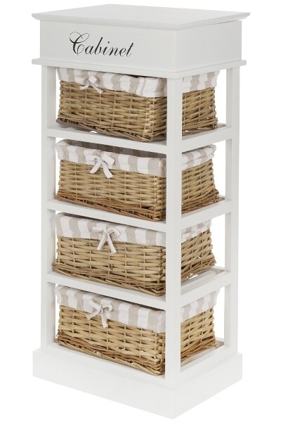 Regal Kommode &quot;Joana&quot; – Landhausstil, Weiss/Weide/Beige/Schwarz, 4 Körbe, Geheimfach, FSC®