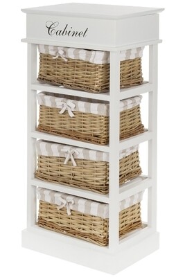 Regal Kommode &quot;Joana&quot; – Landhausstil, Weiss/Weide/Beige/Schwarz, 4 Körbe, Geheimfach, FSC®