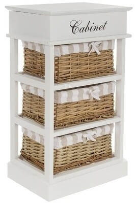 Nachttisch Kommode &quot;Joana&quot; – Landhausstil, Weiss/Weide/Beige/Schwarz, 3 Körbe, Geheimfach