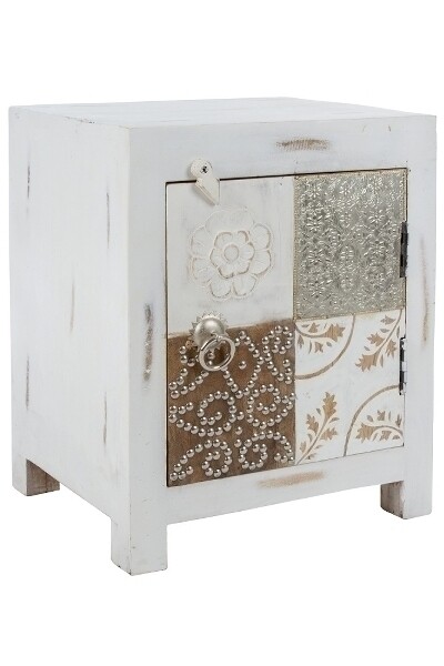 Nachttisch Kommode Santosh – Tür, Fachboden, Shabby Chic, Materialmix