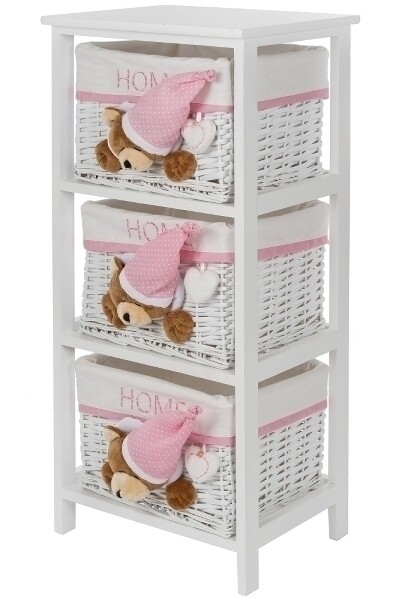 Regal Kommode Sleepy Bear – 3 Körbe, Weiss/Pink, MDF, Eucalyptus Holz