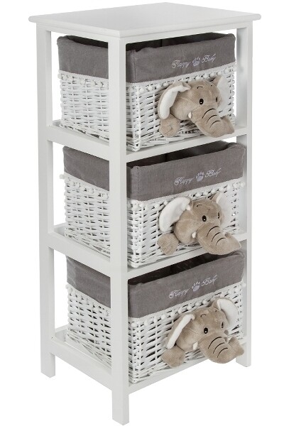 Kommode Happy Elefant – 3 Körbe, Weiss/Grau, MDF, Eucalyptus Holz