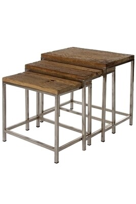 Beistelltischset Leno – 3-teilig, rustikale Holzschwellen, Metallgestell, platzsparend