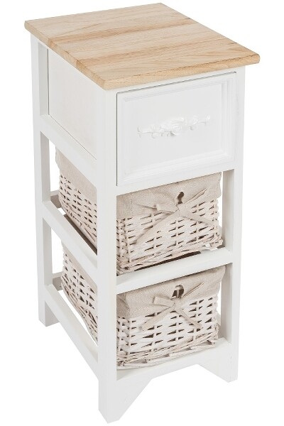 Kommode mit 1 Schublade &amp; 2 Rattan Körben – Landhausstyle, Weiss